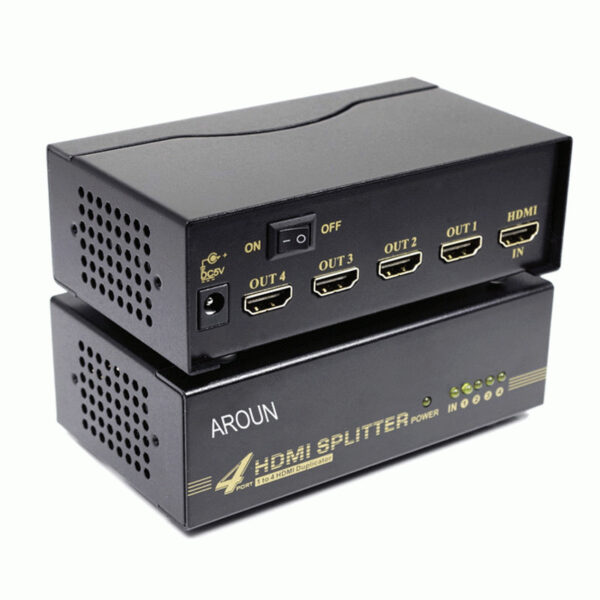 نمای نزدیک از چهار پورت خروجی اسپلیتر HDMI