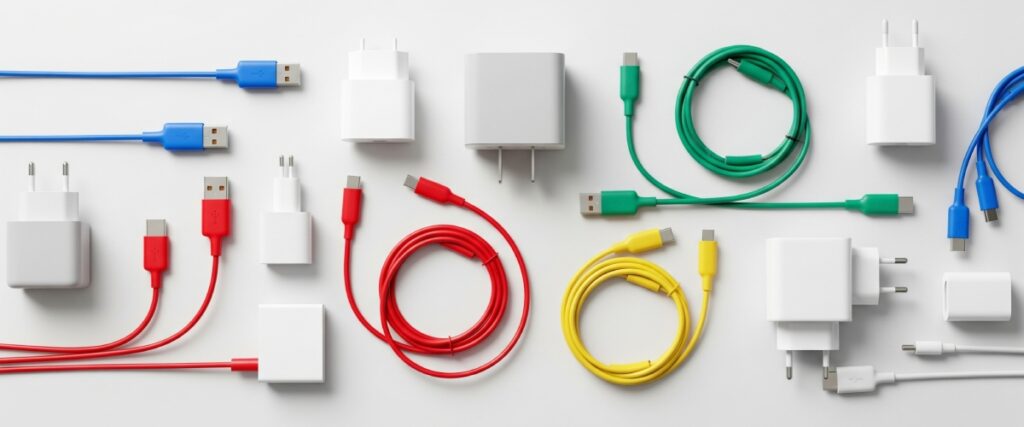 مجموعه ای از شارژرها و کابل های موبایل با رنگ های متنوع برای فروش در جانبی الکترو (به زودی)