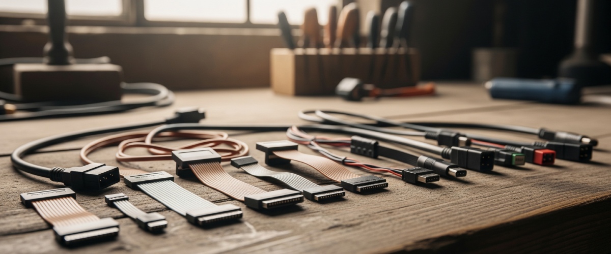 مجموعهای از کابلهای دیتا فلت و پاور ماینر در جانبی الکترو