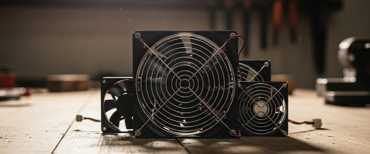 مجموعهای از فنهای ماینر در سایزهای مختلف جانبی الکترو