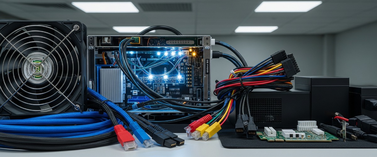 تجهیزات و لوازم جانبی ماینر شامل فن، کابل و پاور جانبی الکترو