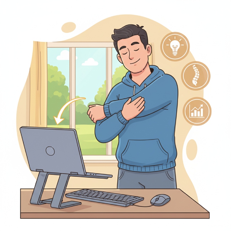 ارگونومی کار با لپ تاپ روی پایه نگهدارنده و کیبورد مجزا برای جلوگیری از گردن درد و افزایش بهره وری در کار